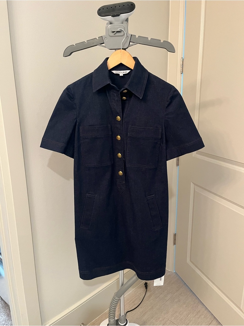 Veronica Beard Navy Denim Dress with Gold Buttons
